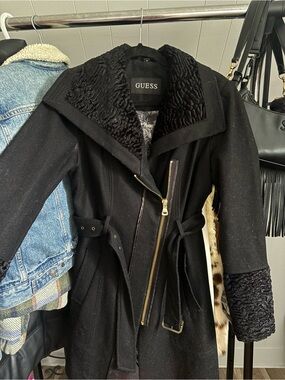 GUESS Black Wool-Blend Trench Coat with Faux-Fur Trim